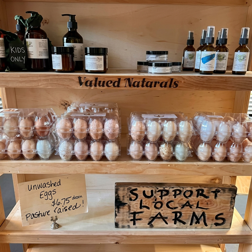 Farm fresh pasture eggs on wooden shelves