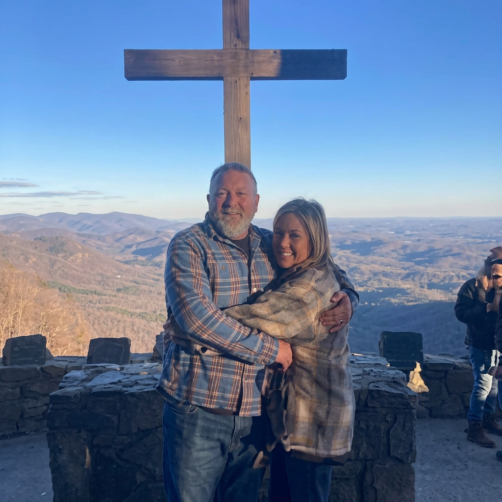 Ryan and Laura embracing in front of a wooden cross in the North Carolina mountains